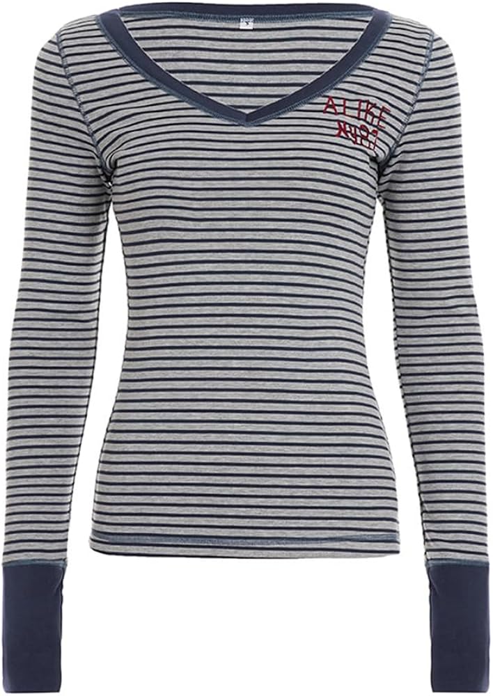 Woxlica Stripe Shirt Women y2k Grunge Tops Long Sleeve 90s Woxlica Stripe Shirt Women y2k Grunge Tops Long Sleeve 90s